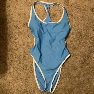 Blue One-Piece Swimsuit with White Trim